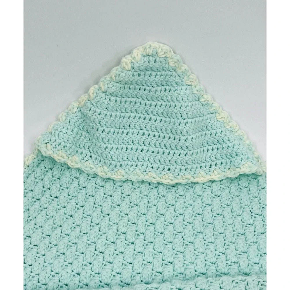Vintage Hand Knit Crochet Hooded Baby Blanket Sea Green 25